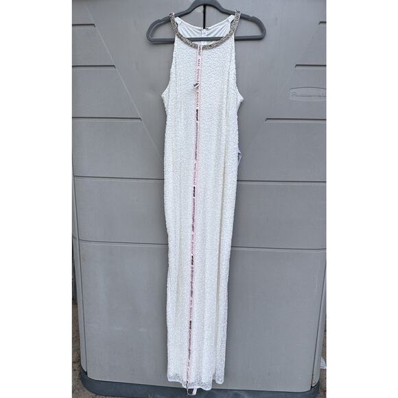 Mac Duggal Beaded Halter Neck Column Sheath Gown Sleeveless White Bridal Sz 14 - Picture 6 of 16